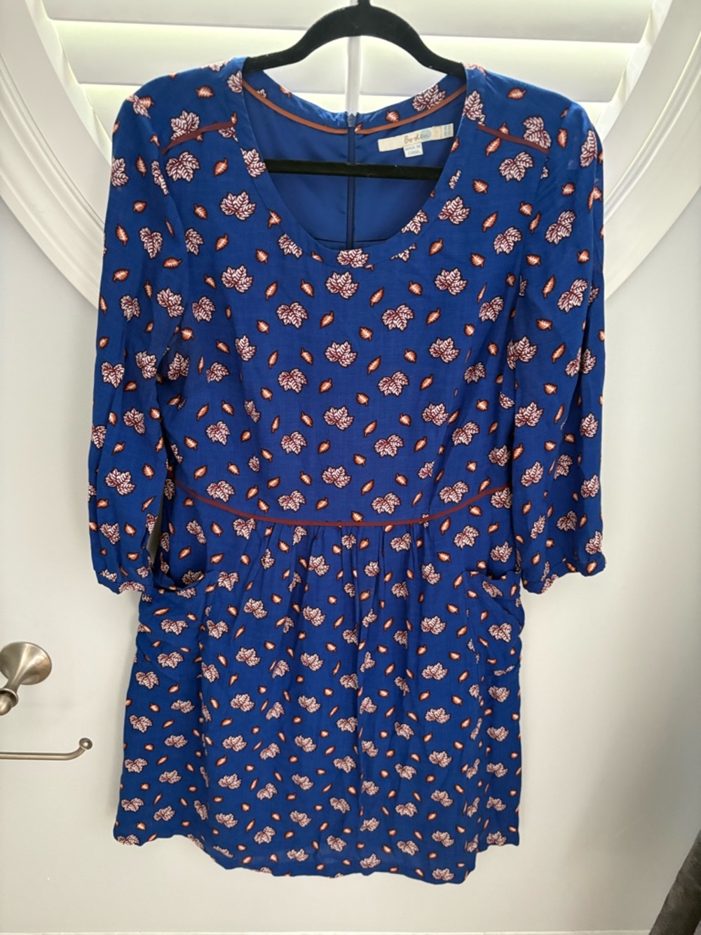 Boden blue Maple Leaf print dress featuring three-quarter sleeves and pockets 10